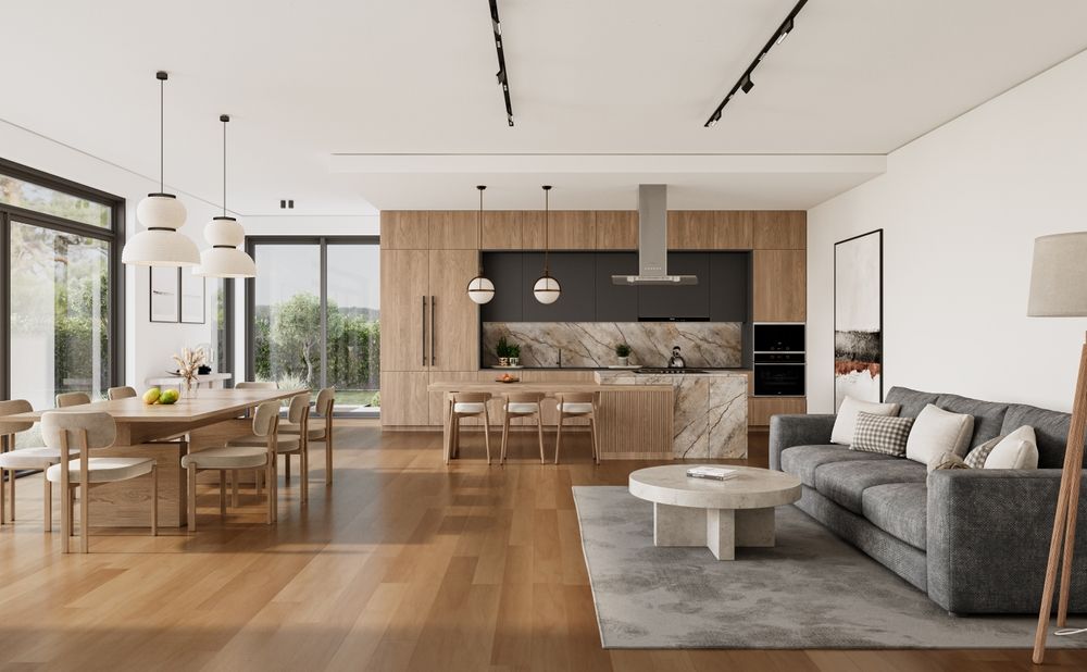 An open concept kitchen with wood flooring and cabinets