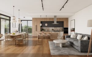 An open concept kitchen with wood flooring and cabinets